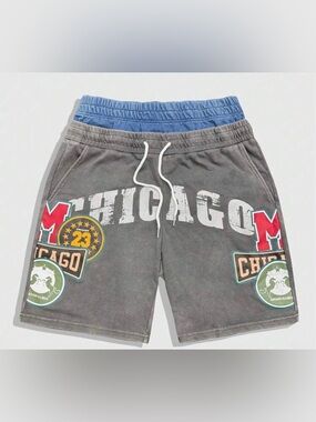 Chicago Graphic Drawstring Shorts in Gray with Blue Waistband